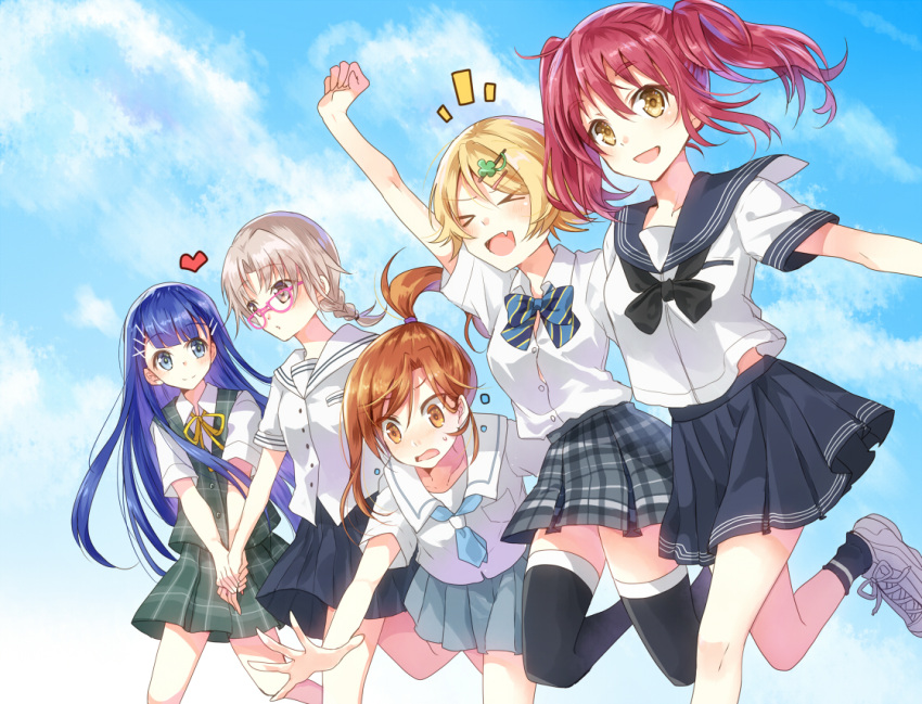 &gt;_&lt; 5girls :d blonde_hair blue_eyes blue_hair blue_skirt braid brown_eyes brown_hair checkered checkered_skirt clouds eyebrows_visible_through_hair fang glasses hair_ornament hairclip heart long_hair looking_at_another looking_at_viewer multiple_girls nekozuki_yuki open_mouth original outdoors pink-framed_eyewear pleated_skirt ponytail redhead ribbon school_uniform serafuku short_hair short_sleeves single_braid skirt sky smile thick_eyebrows thigh-highs two_side_up uniform yellow_eyes