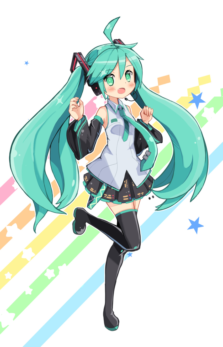 1girl ahoge aqua_hair blush boots detached_sleeves fang full_body green_eyes hatsune_miku headset highres long_hair looking_at_viewer namuya_(dlcjfgns456) necktie open_mouth skirt solo standing standing_on_one_leg thigh-highs thigh_boots twintails very_long_hair vocaloid white_background