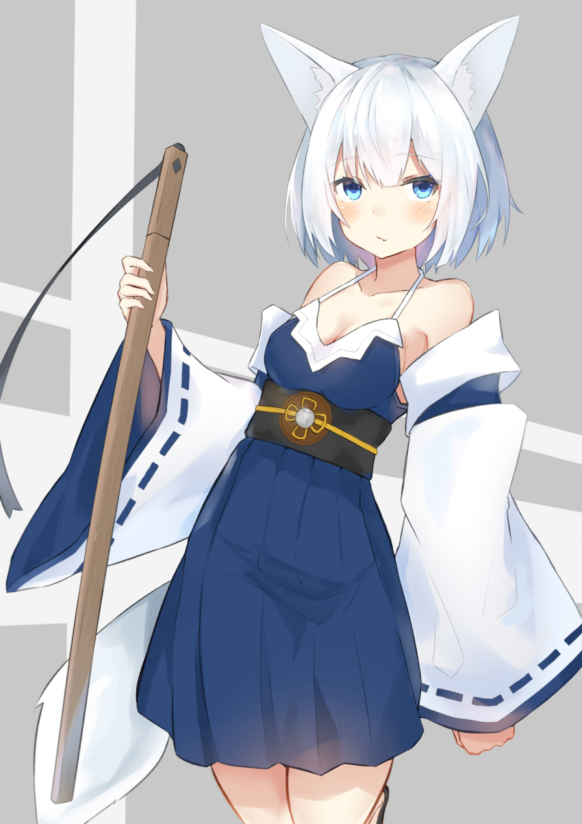 1girl animal_ears bare_shoulders blue_eyes blue_skirt blush breasts cleavage closed_mouth collarbone cube_(cube00) eyebrows_visible_through_hair highres looking_at_viewer medium_breasts original pout short_hair skirt solo standing white_hair