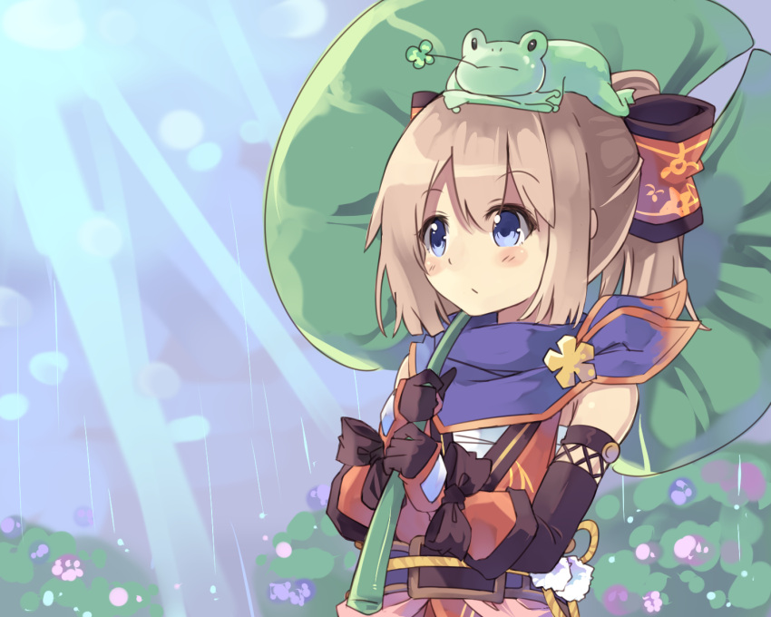 1girl blue_eyes blush brown_hair frog highres lily_pad long_hair looking_at_viewer neptune_(series) normaland rain ram_(choujigen_game_neptune) solo water