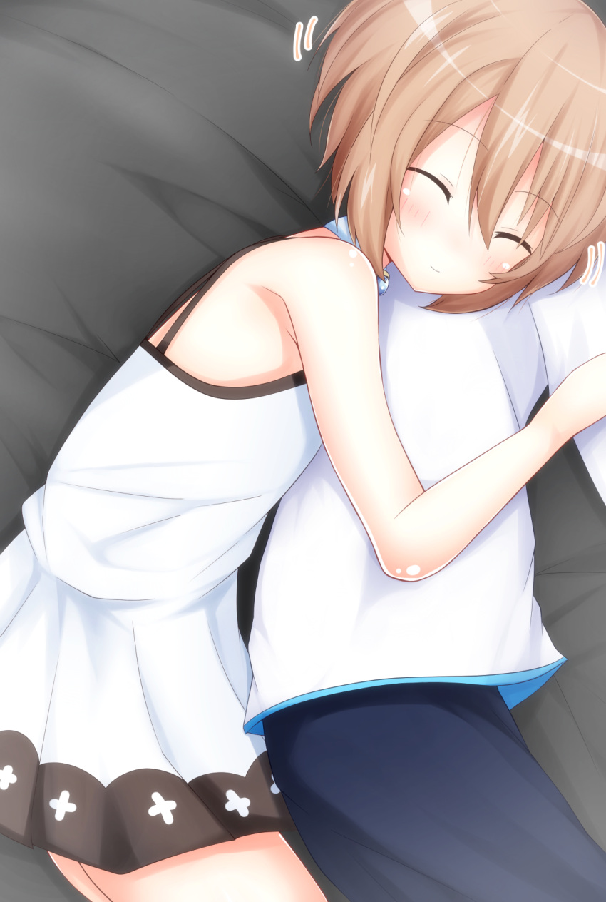 1girl bare_shoulders blanc brown_hair closed_eyes hat highres hug hug_from_behind neptune_(series) shironeko_haru short_hair sleeping smile solo