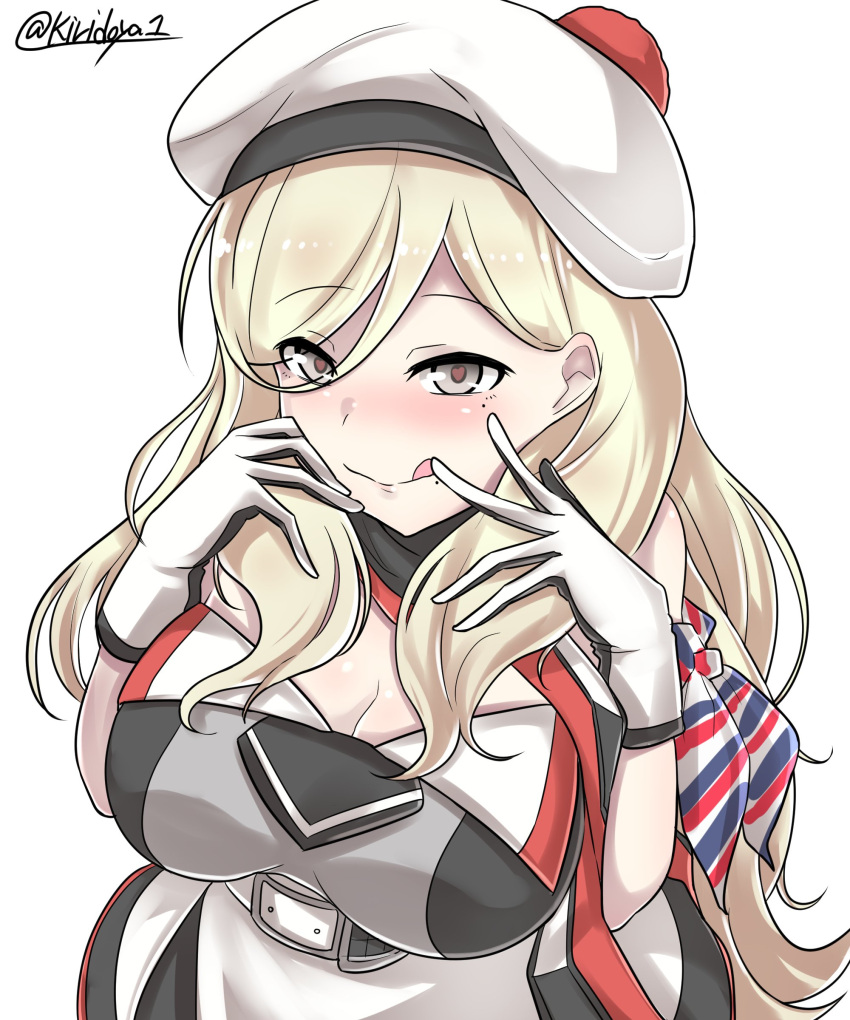 1girl absurdres beret blonde_hair breasts cleavage gloves hair_between_eyes hand_on_own_face hat heart heart-shaped_pupils highres kantai_collection kiritto large_breasts long_hair looking_at_viewer mole mole_under_eye richelieu_(kantai_collection) simple_background smile solo symbol-shaped_pupils tongue tongue_out twitter_username upper_body white_background yellow_eyes