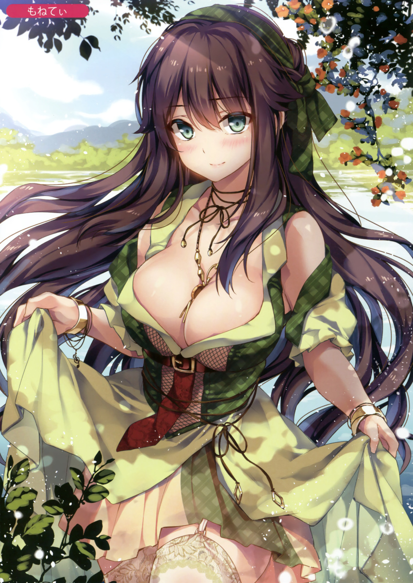 1girl absurdres artist_name between_breasts blush bracelet breasts brown_hair cleavage closed_mouth cowboy_shot day dress dress_lift eyebrows_visible_through_hair fishnets garter_straps green_dress green_eyes hair_ribbon highres jewelry large_breasts long_hair melonbooks moneti_(daifuku) necklace outdoors ribbon scan sidelocks smile solo thigh-highs underbust very_long_hair wristband