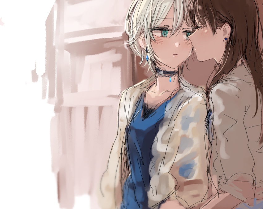 2girls anastasia_(idolmaster) brown_hair closed_eyes commentary_request earrings green_eyes idolmaster idolmaster_cinderella_girls imminent_kiss jacket jewelry multiple_girls white_hair yuri