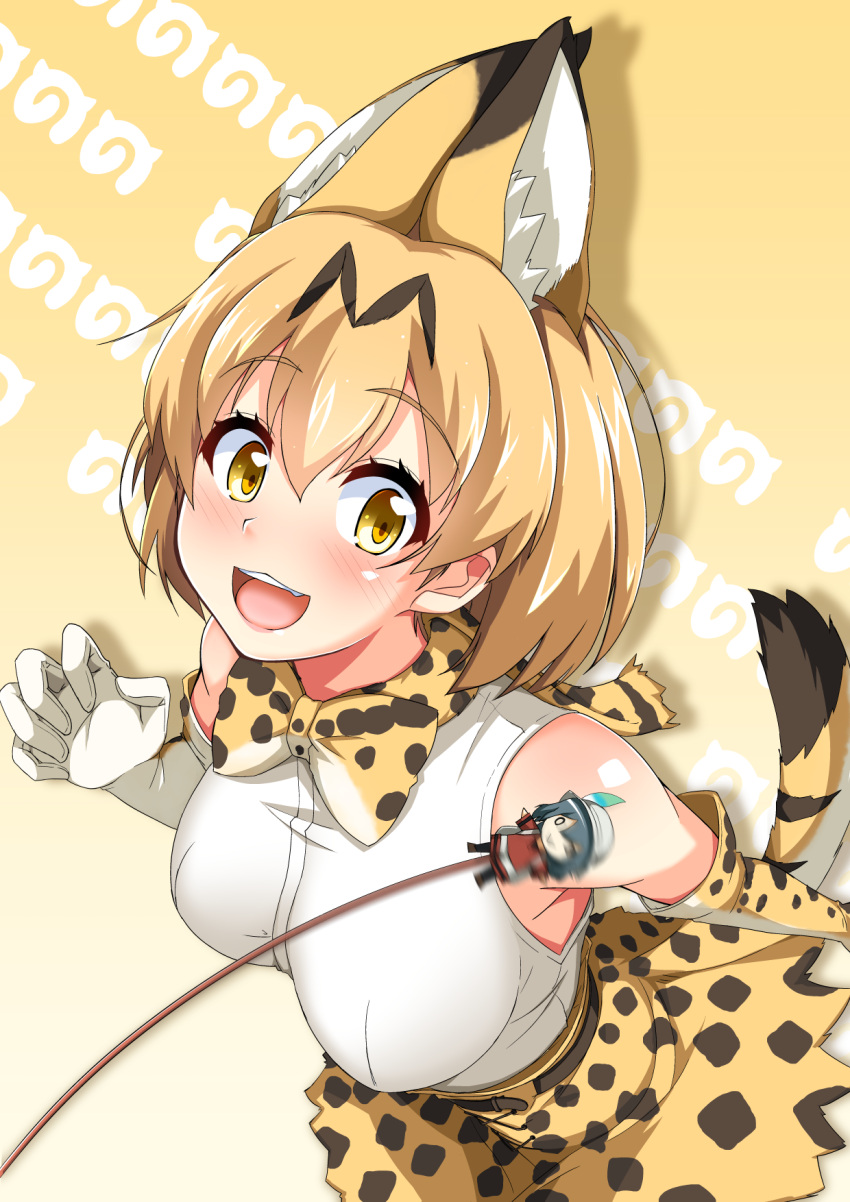2girls :&gt; animal_ears blush bow bowtie breasts cla_(torinabe) elbow_gloves eyebrows_visible_through_hair from_above gloves high-waist_skirt highres japari_symbol kaban_(kemono_friends) kemono_friends large_breasts looking_at_viewer minigirl multiple_girls o_o open_mouth print_gloves print_neckwear print_skirt serval_(kemono_friends) serval_ears serval_print serval_tail shirt skirt sleeveless sleeveless_shirt solo_focus striped_tail tail upper_body yellow_eyes