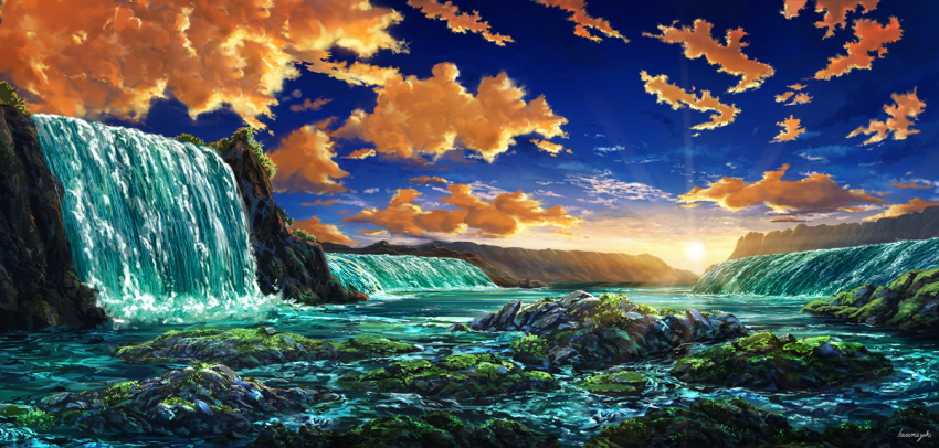 cliff clouds commentary hasumi_yuuki light_rays nature no_humans original river rock scenery signature sky sun sunlight sunset water waterfall