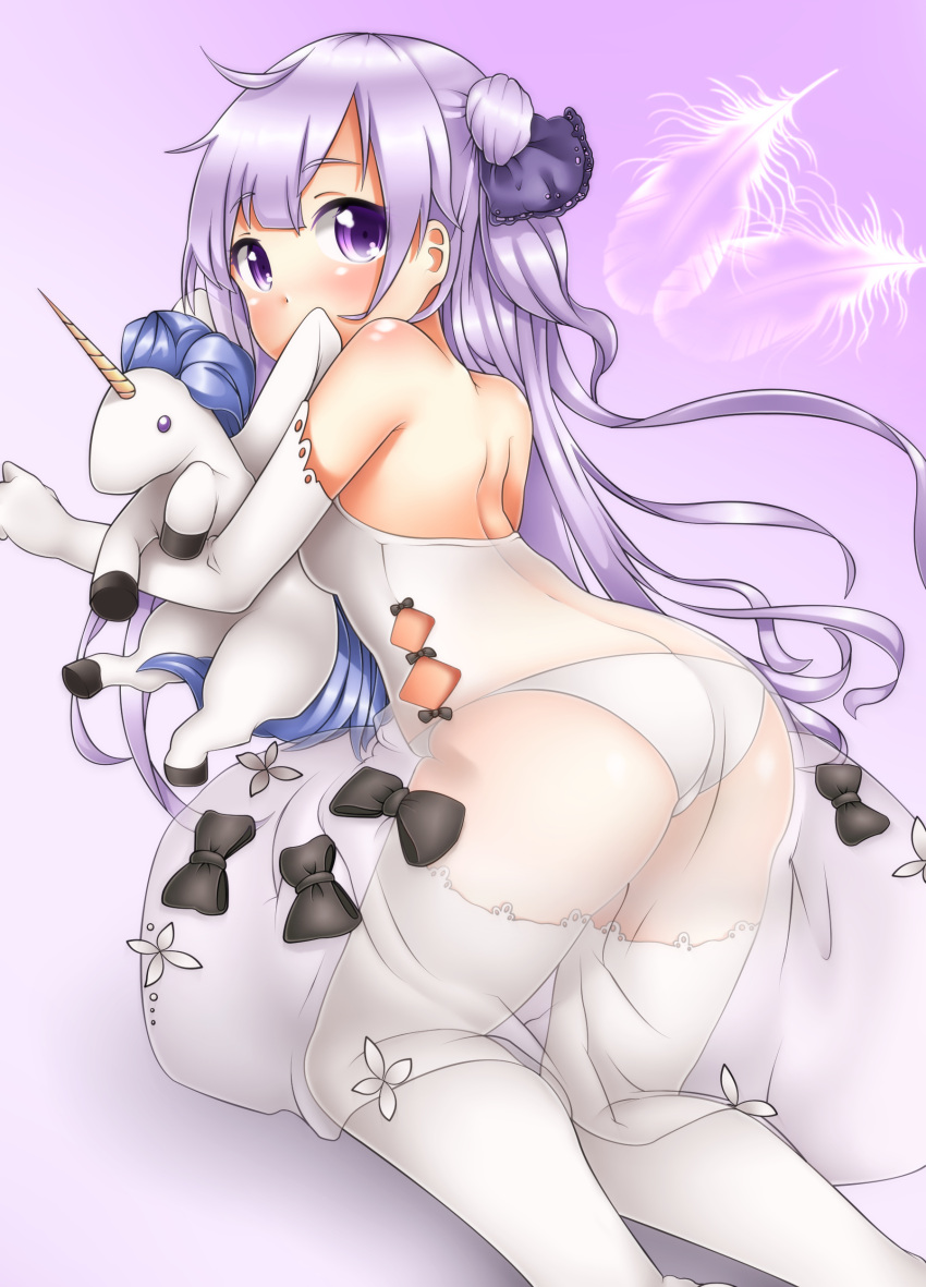 1girl absurdres ass azur_lane bow butt_crack derivative_work dress elbow_gloves feathers gloves hair_bow highres holding holding_stuffed_animal kneehighs long-hair looking_at_viewer oooqqq open-back_dress panties purple_background purple_bow see-through solo stuffed_animal stuffed_toy underwear unicorn_(azur_lane) violet_eyes white_gloves white_legwear white_panties wings