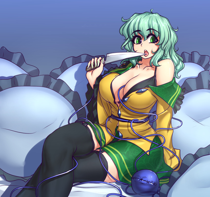 1girl bangs between_breasts black_bra black_legwear blouse blue_background bra breasts cleavage commentary eyebrows_visible_through_hair floral_print garter_straps green_eyes green_hair green_nails green_skirt hand_up hater_(hatater) highres holding holding_knife knife komeiji_koishi large_breasts leaning_back legs_crossed looking_at_viewer messy_hair miniskirt nail_polish off_shoulder pillow sitting skirt solo thigh-highs third_eye tongue touhou underwear