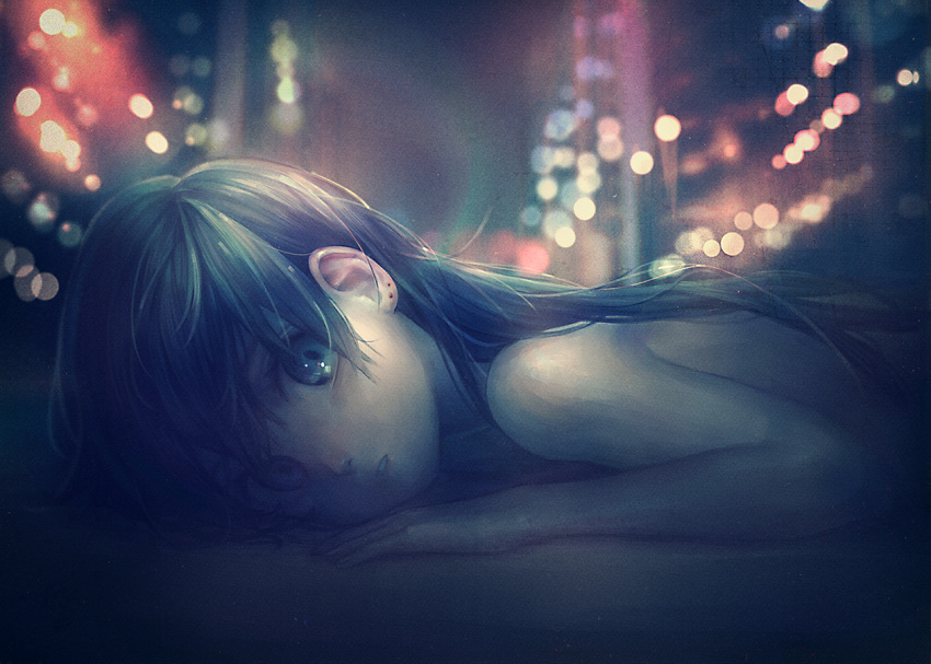 1girl bare_shoulders black_hair blurry bokeh city city_lights dark depth_of_field earrings jewelry lens_flare long_hair looking_at_viewer looking_to_the_side lying namihaya night nude on_stomach open_mouth original solo stud_earrings texture upper_body