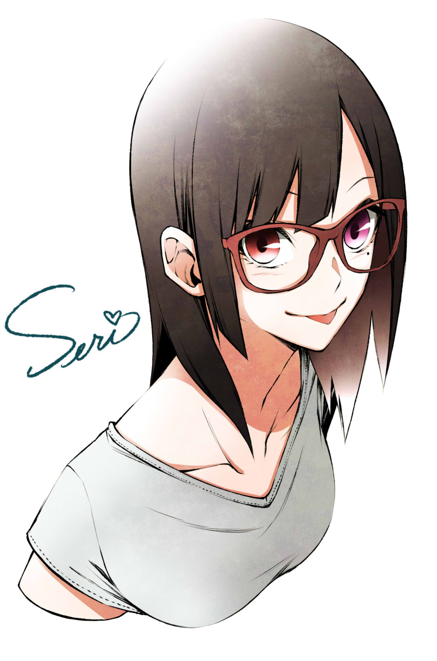 1girl :p bangs brown_hair character_name closed_mouth cropped_shirt glasses grey_shirt heterochromia highres long_hair mole mole_under_eye original pink_eyes red-framed_eyewear red_eyes shirt simple_background smile solo tongue tongue_out usui_seri vice_(kuronekohadokoheiku) white_background