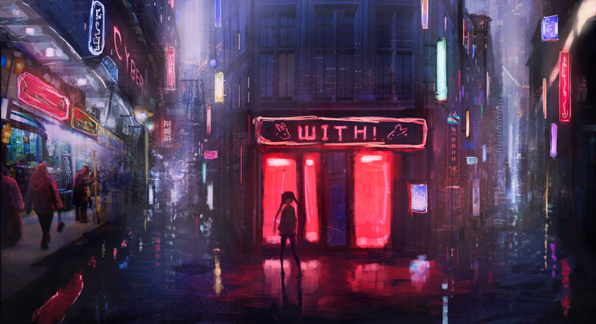 bag blurry city city_lights dark depth_of_field handbag kagumanikusu long_hair looking_at_viewer manhole neon_lights night original reflection road scenery sign street twintails vanishing_point walking