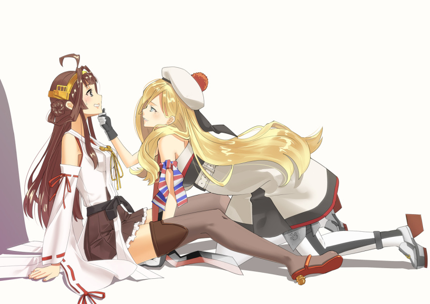 2girls ahoge armband bare_shoulders beret black_skirt blonde_hair blue_eyes brown_hair commentary_request detached_sleeves double_bun fujimo_ruru gloves grey_eyes hairband hat headgear japanese_clothes kantai_collection kongou_(kantai_collection) long_hair mole mole_under_eye multicolored multicolored_clothes multicolored_gloves multiple_girls nontraditional_miko pleated_skirt pom_pom_(clothes) ribbon-trimmed_sleeves ribbon_trim richelieu_(kantai_collection) skirt sleeveless smile thigh-highs wide_sleeves