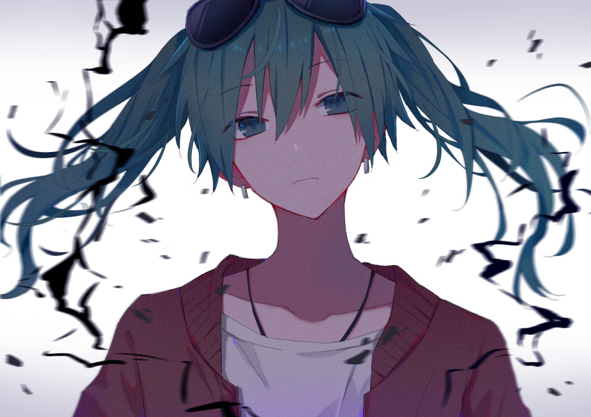 1girl bangs blurry closed_mouth collarbone depth_of_field earrings expressionless eyewear_on_head floating_hair hair_between_eyes half-closed_eyes hatsune_miku jacket jewelry long_hair looking_at_viewer mimengfeixue open_clothes open_jacket shirt solo suna_no_wakusei_(vocaloid) twintails upper_body vocaloid white_shirt