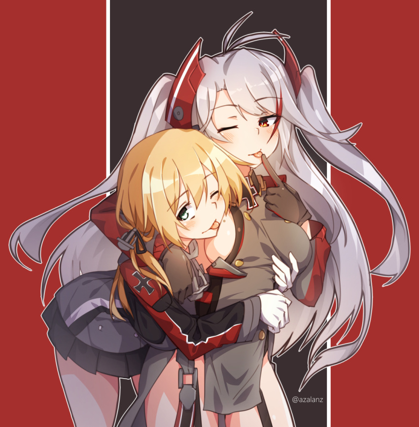 2girls ;p azur_lane bangs bent_over black_gloves black_skirt blonde_hair blush breast_licking breasts commentary cowboy_shot crossover eyebrows_visible_through_hair finger_licking gloves green_eyes groping hug hug_from_behind kantai_collection licking long_hair long_sleeves looking_at_viewer medium_breasts mole mole_on_breast multiple_girls namesake one_eye_closed pelvic_curtain pleated_skirt prinz_eugen_(azur_lane) prinz_eugen_(kantai_collection) silver_hair skirt tilt-shift tongue tongue_out twitter_username two_side_up white_gloves yellow_eyes yuri