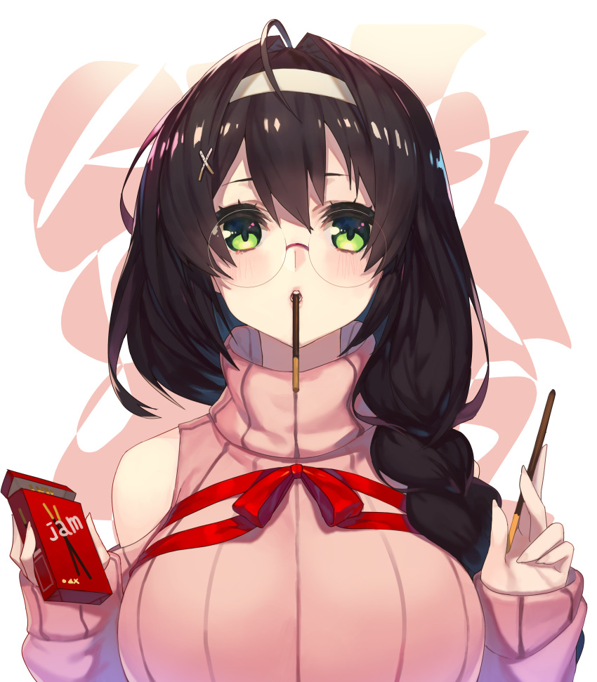 1girl absurdres bangs black_hair blush braid breasts food glasses green_eyes hair_between_eyes hair_ornament hair_over_shoulder hairband hands_up highres holding holding_food jam_(nandade) large_breasts long_hair looking_at_viewer mouth_hold original pink_sweater pocky pocky_day red_ribbon ribbed_sweater ribbon rimless_eyewear round_eyewear side_braid sleeves_past_wrists solo sweater tareme teeth turtleneck turtleneck_sweater upper_body x_hair_ornament