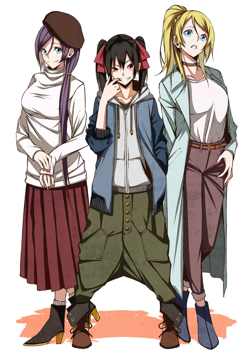3girls ayase_eli bangs belt beret black_footwear black_hair blonde_hair blue_eyes blue_footwear blue_jacket boots brown_footwear closed_mouth coat finger_in_mouth green_eyes green_pants grin hair_between_eyes hat high_heel_boots high_heels highres jacket legs_apart long_hair long_skirt long_sleeves looking_at_viewer love_live! love_live!_school_idol_project multiple_girls nail_polish pants pink_eyes ponytail purple_hair purple_pants red_nails red_skirt shirt simple_background skirt smile sweater toujou_nozomi twintails v-shaped_eyebrows very_long_hair vice_(kuronekohadokoheiku) white_background white_shirt white_sweater yazawa_nico