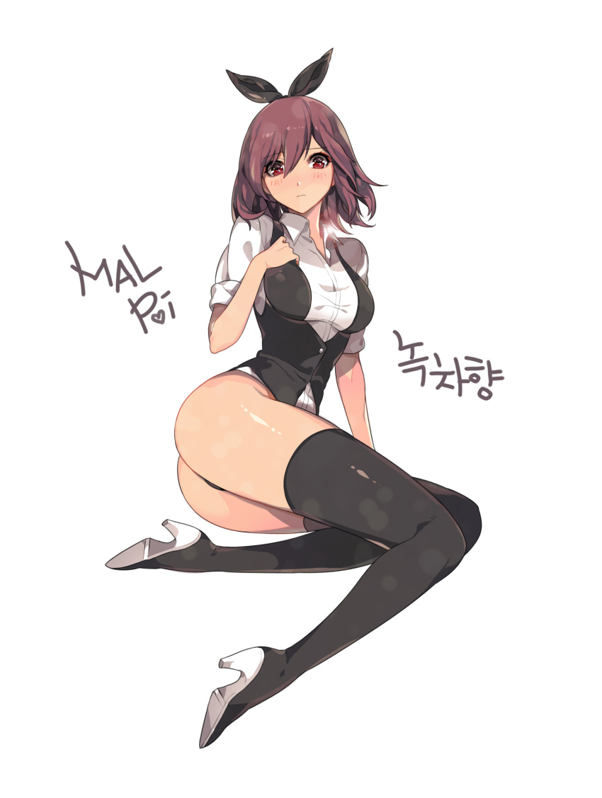 1girl artist_name ass black_legwear black_panties boots breasts closed_mouth eyebrows_visible_through_hair from_side full_body hair_between_eyes hair_ribbon hand_on_own_chest high_heel_boots high_heels highres malpoi medium_breasts medium_hair panties purple_hair red_eyes ribbon simple_background sleeves_folded_up solo thigh-highs underwear white_background