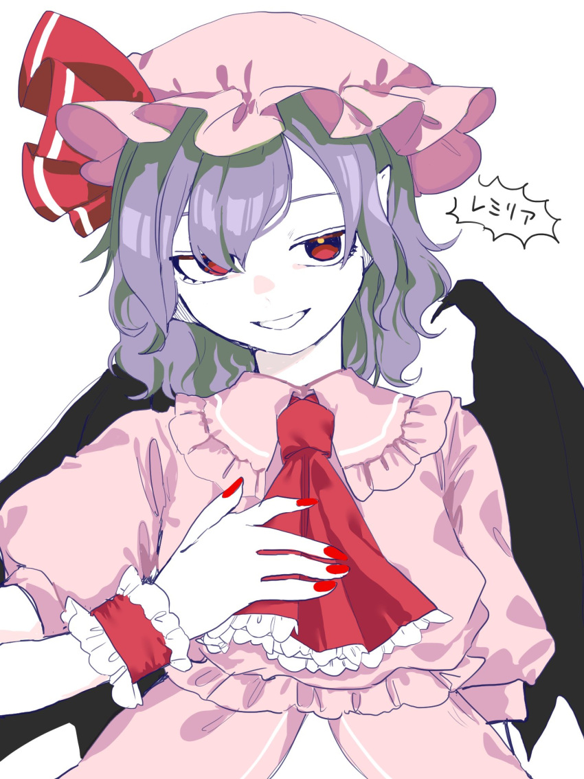 1girl bat_wings character_name hat highres mob_cap pink_hat pink_shirt puffy_short_sleeves puffy_sleeves purple_hair red_eyes red_nails remilia_scarlet shirt short_hair short_sleeves simple_background smile solo touhou upper_body white_background wings yagisan1578
