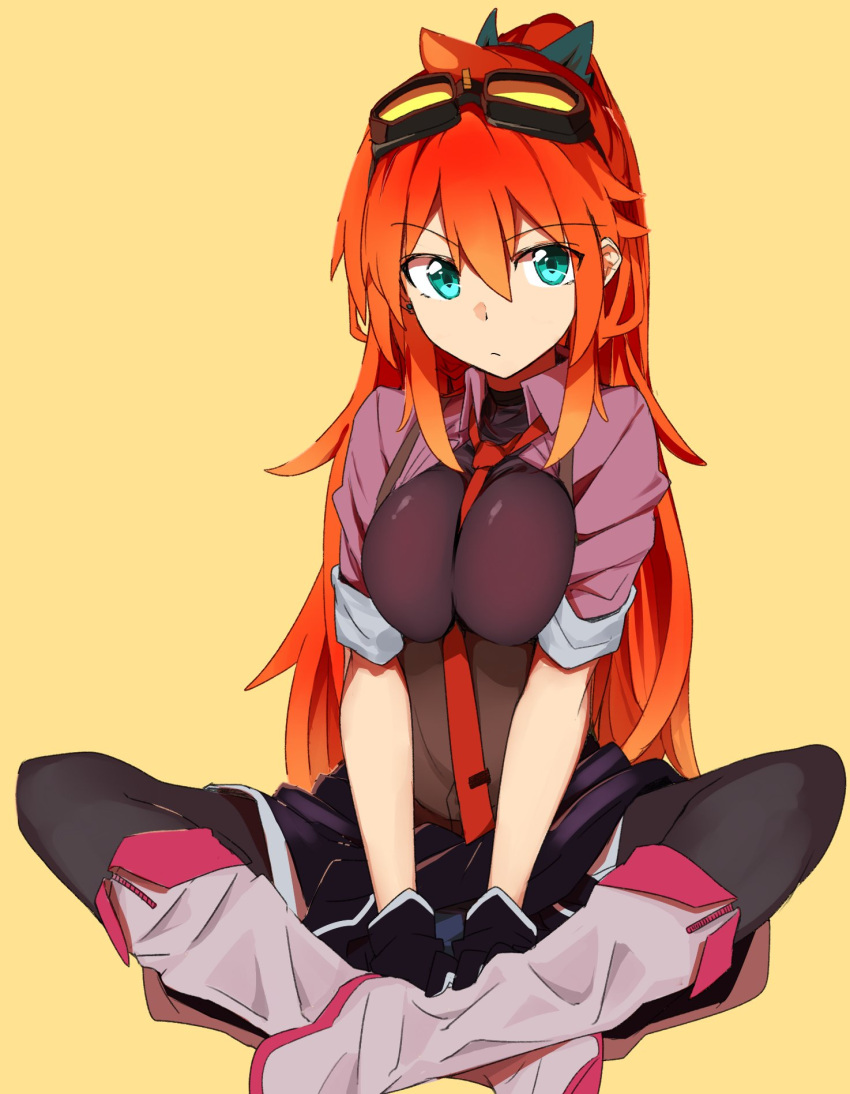 1girl amano_tora aqua_eyes between_breasts boots breasts gloves goggles hair_ribbon highres indian_style kazenoko long_hair looking_at_viewer medium_breasts necktie necktie_between_breasts orange_hair original ribbon simple_background sitting sleeves_rolled_up solo tie_clip very_long_hair