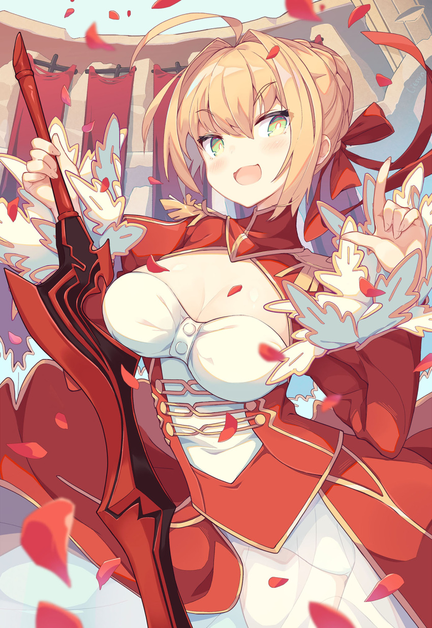 1girl :3 :d aestus_estus bangs braid breasts dress eyebrows_visible_through_hair fate/extra fate_(series) french_braid green_eyes hair_between_eyes hair_intakes hair_ribbon highres large_breasts litsvn looking_at_viewer open_mouth outdoors petals red_dress red_ribbon ribbon saber_extra sidelocks smile solo tsurime