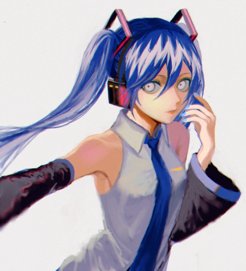 1girl bare_shoulders blue_hair blue_nails blue_neckwear collared_shirt detached_sleeves fingernails grey_background grey_shirt hand_up hatsune_miku headphones highres long_hair looking_at_viewer nail_polish necktie p2_(uxjzz) parted_lips self_shot shirt simple_background sleeveless sleeveless_shirt twintails upper_body vocaloid white_eyes wide_sleeves