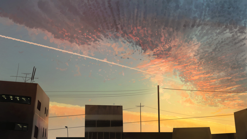 banishment blurry building city clouds condensation_trail highres no_humans original power_lines radio_antenna scenery sky sunset telephone_pole