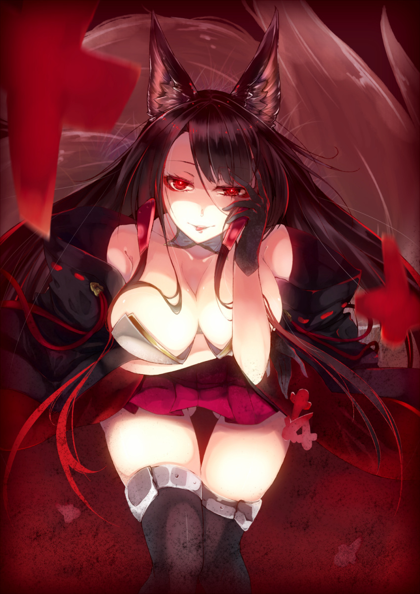 1girl akagi_(azur_lane) animal_ears artist_request azur_lane bangs black_hair black_legwear breasts cleavage commentary_request eto_(seiga5704449) fox_ears fox_tail highres japanese_clothes large_breasts long_hair looking_at_viewer miniskirt multiple_tails pleated_skirt red_eyes red_skirt skirt smile solo tail thigh-highs
