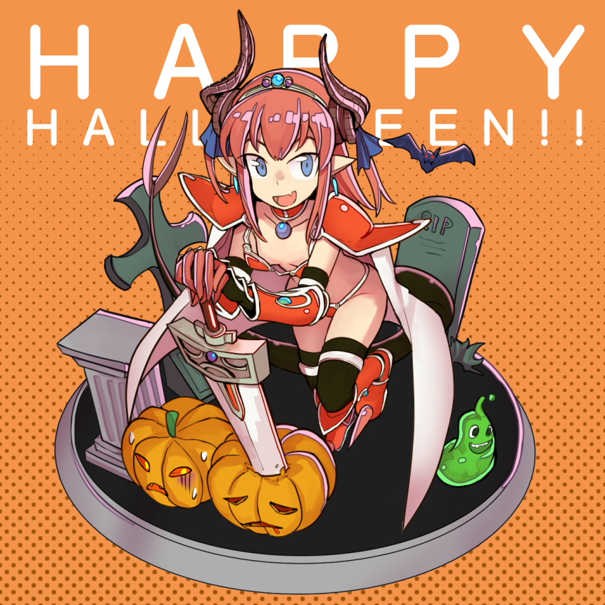 1girl armor armored_boots bat bikini bikini_armor black_legwear blue_eyes blue_ribbon blush boots breasts broadsword cape capelet choker curled_horns elizabeth_bathory_(brave)_(fate) fate/grand_order fate_(series) hair_ribbon halloween happy_halloween highres horns jack-o'-lantern knee_boots lancer_(fate/extra_ccc) long_hair looking_at_viewer navel open_mouth oversized_clothes pauldrons pink_hair pointy_ears pumpkin red_bikini red_footwear ribbon sen-jou shoes slime small_breasts smile soldier_(dq3) solo spiked_shoes spikes string_bikini swimsuit sword tail thigh-highs tiara two_side_up vambraces weapon white_cape