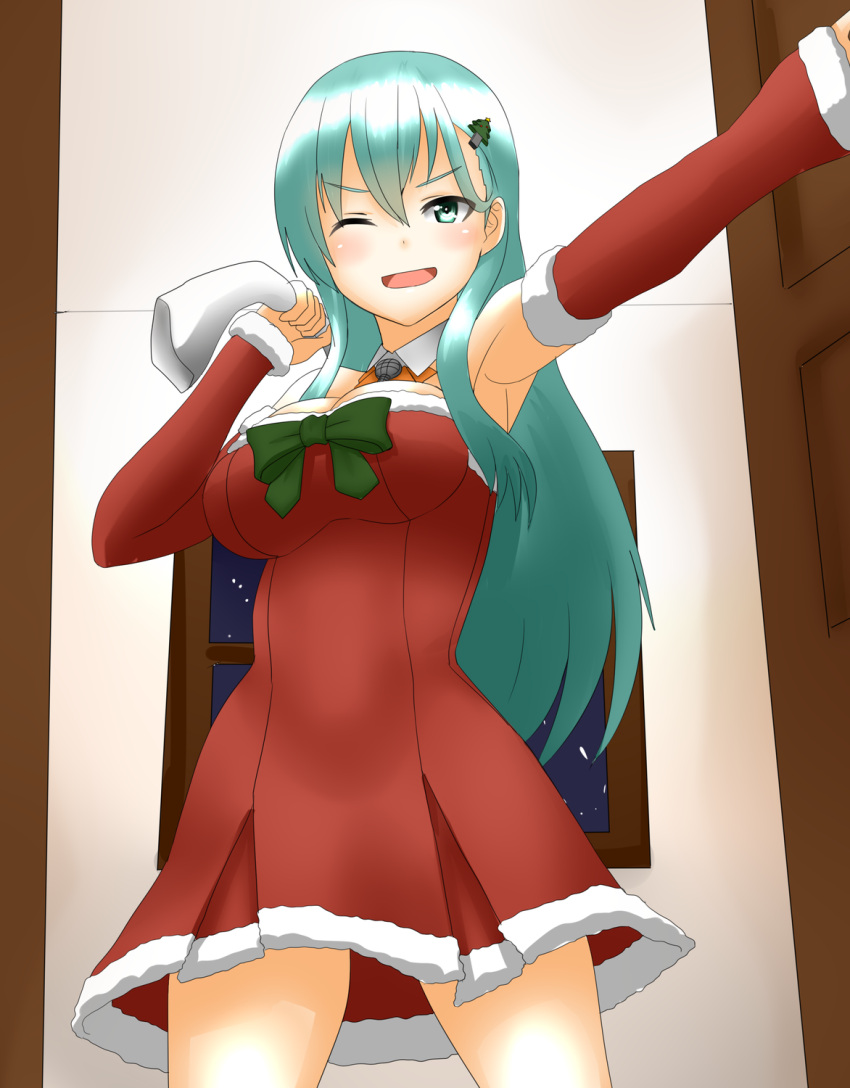 1girl 30-06 ;d aqua_eyes aqua_hair blush breasts carrying_over_shoulder christmas_tree_hair_ornament detached_sleeves dress fur_trim gift_bag hair_ornament highres kantai_collection large_breasts long_hair looking_at_viewer one_eye_closed open_door open_mouth red_dress santa_costume short_dress smile solo suzuya_(kantai_collection) very_long_hair window