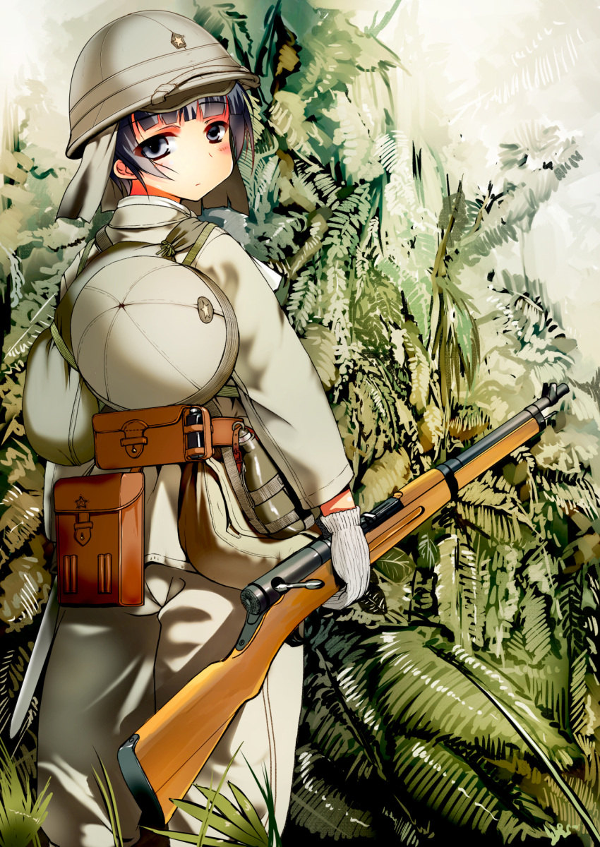 1girl ammunition army bag belt belt_pouch black_hair boots canteen forest gloves gun helmet highres japanese military military_uniform nature original rifle samazuka_mashiro short_hair soldier solo tree uniform weapon world_war_ii