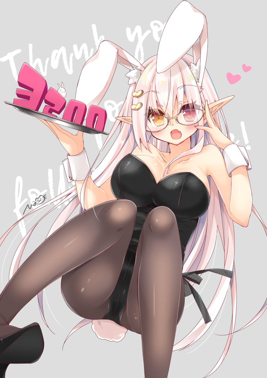 1girl adjusting_eyewear animal_ears bangs bare_shoulders black_legwear black_leotard blush breasts brown-framed_eyewear brown_eyes bunny_girl bunny_tail bunnysuit collarbone fang glasses hair_ornament heart_hair_ornament heterochromia highres large_breasts leotard long_hair looking_at_viewer mao_(alepricos) open_mouth original pantyhose pink_eyes pink_hair pointy_ears rabbit_ears solo tail tray very_long_hair wrist_cuffs