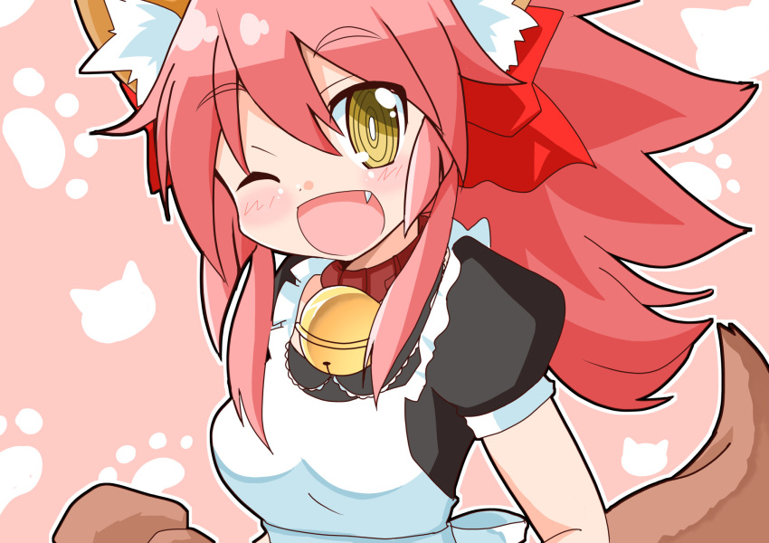 1girl @_@ alternate_costume animal_ears apron bell bell_collar blush breasts collar enmaided fang fate/grand_order fate_(series) fox_ears fox_tail hair_ribbon highres long_hair looking_at_viewer maid maid_apron maid_headdress medium_breasts one_eye_closed open_mouth paws pink_hair ribbon smile solo souno_ruuta tail tamamo_(fate)_(all) tamamo_cat_(fate) waist_apron yellow_eyes