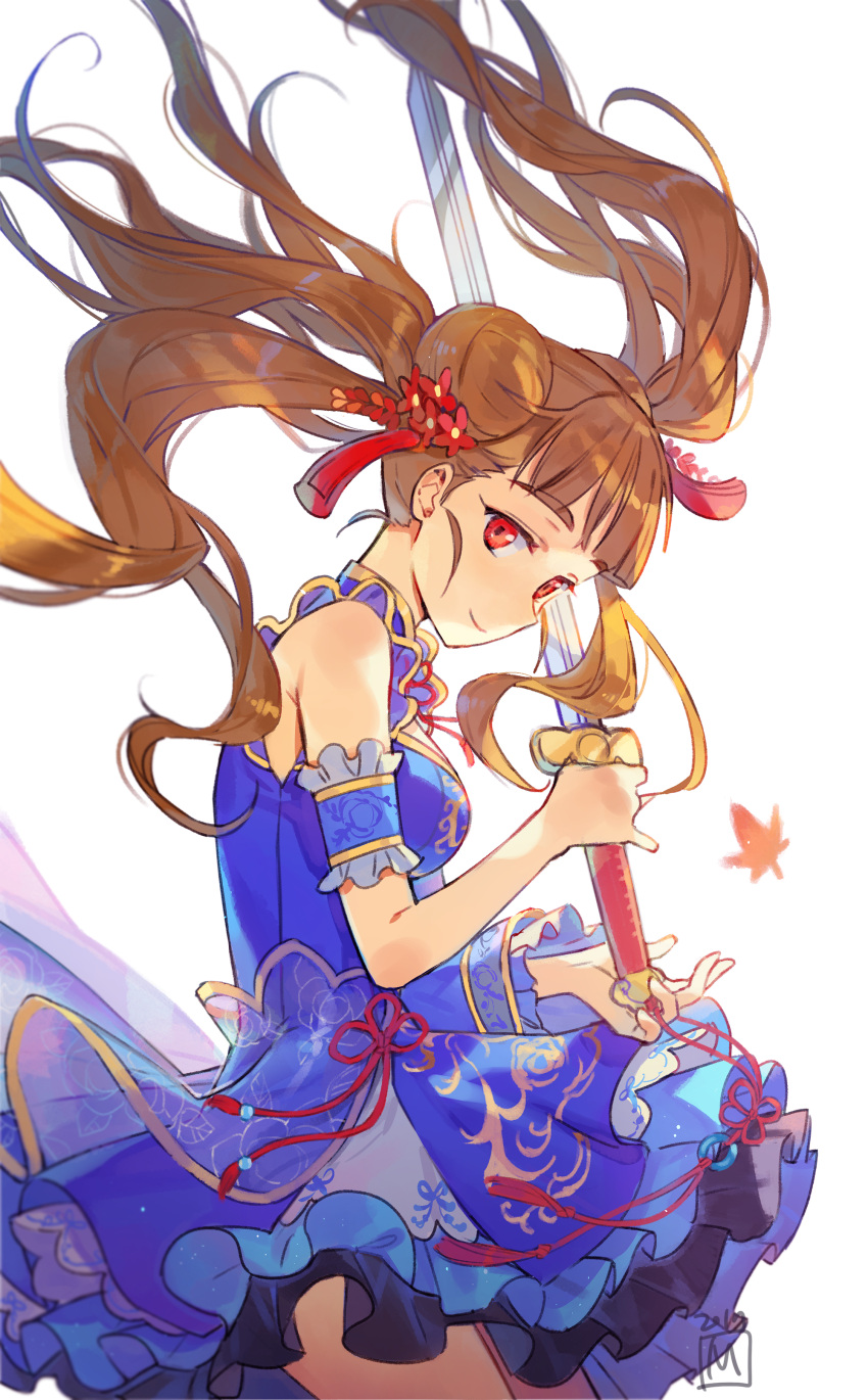 1girl absurdres brown_hair chinese_clothes double_bun dress highres holding holding_sword holding_weapon idolmaster idolmaster_cinderella_girls kamiya_nao leaf mansu maple_leaf red_eyes smile solo sword twintails weapon