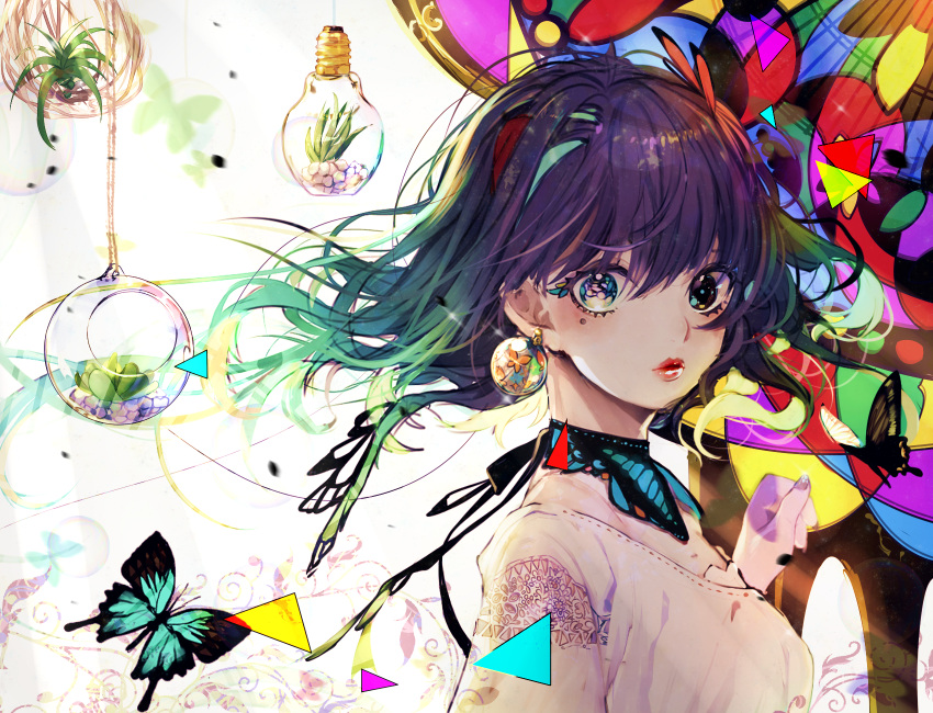 1girl abstract blue_eyes butterfly choker colorful daimaou_ruaeru earrings green_hair highres jewelry light_bulb lips looking_at_viewer looking_to_the_side mole mole_under_eye multicolored_hair original plant purple_hair short_hair solo triangle upper_body