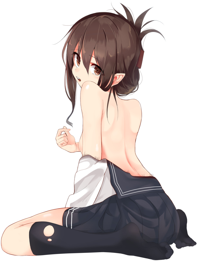 1girl black_skirt blouse brown_eyes brown_hair clothes_pull folded_ponytail from_side full_body highres inazuma_(kantai_collection) kantai_collection kneehighs long_sleeves looking_at_viewer looking_back pleated_skirt pointy_ears school_uniform serafuku shirousa simple_background sitting skirt solo teeth topless wariza white_background white_blouse white_legwear