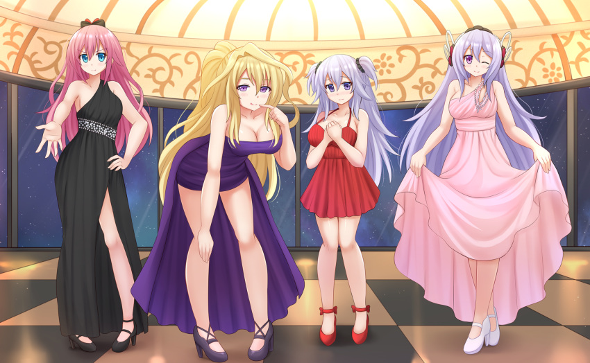 4girls :q :t ;) bare_shoulders black_dress black_footwear blonde_hair blue_eyes blush breasts character_request checkered checkered_floor claudia_enfield cleavage collarbone commentary commission dress eyebrows_visible_through_hair full_body gakusen_toshi_asterisk hair_ornament hair_scrunchie hand_on_hip hand_on_own_knee hands_on_own_chest high_heels highres julis-alexia_von_riessfeld kazenokaze lavender_hair leaning_forward long_dress long_hair looking_at_viewer multiple_girls one_eye_closed outstretched_arm pigeon-toed pink_dress pink_hair pointing pointing_at_self ponytail pout purple_dress red_dress red_footwear scrunchie side_slit skirt_hold smile sylvia_lyyneheym tongue tongue_out toudou_kirin two_side_up violet_eyes white_footwear window