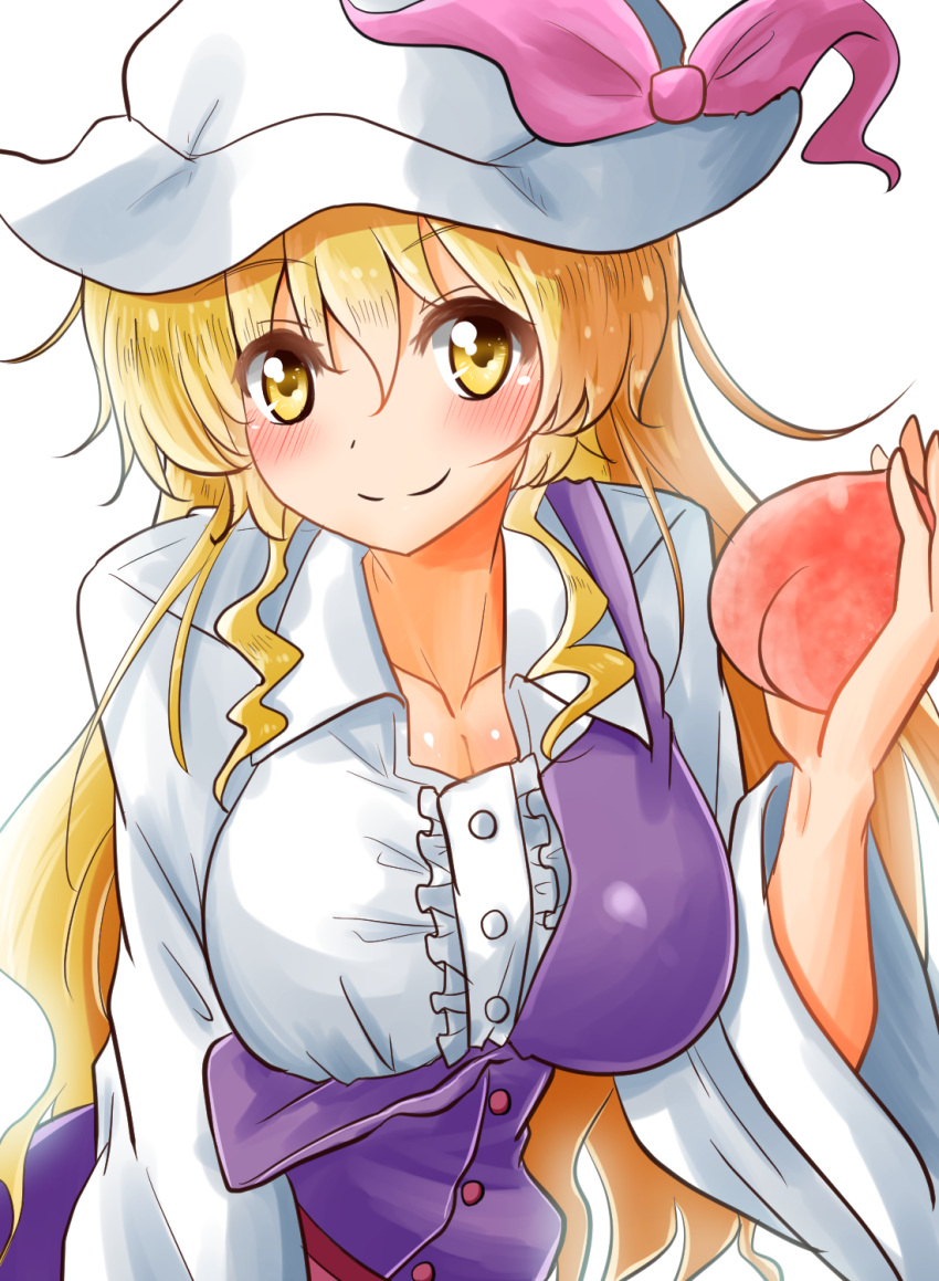 1girl blonde_hair bow breasts cleavage commentary_request food fruit hat hat_bow highres holding holding_food large_breasts long_hair looking_at_viewer oshiaki peach shirt smile touhou very_long_hair watatsuki_no_toyohime white_shirt wide_sleeves yellow_eyes