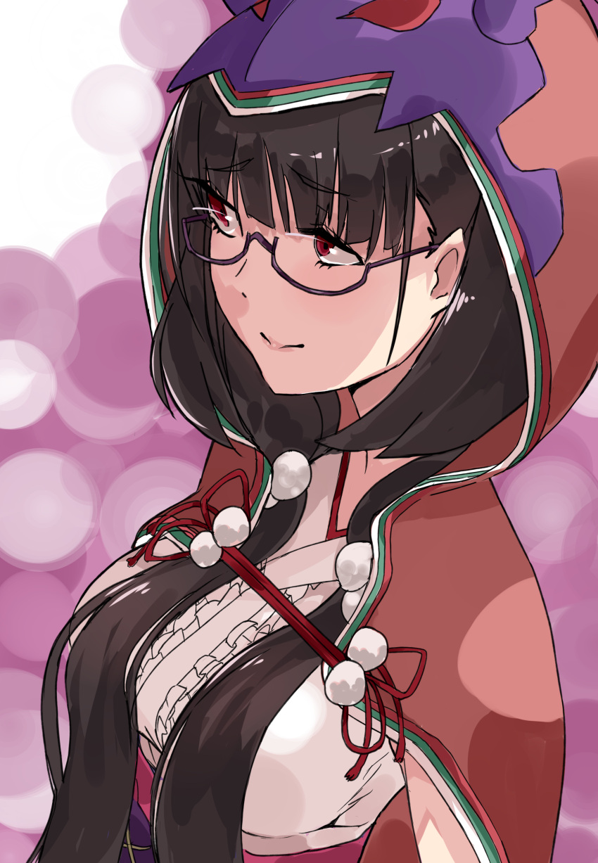 1girl absurdres bangs black_hair breasts burai_yuuki eyebrows_visible_through_hair fate/grand_order fate_(series) glasses highres hood looking_away low_twintails osakabe-hime_(fate/grand_order) sketch solo twintails upper_body violet_eyes