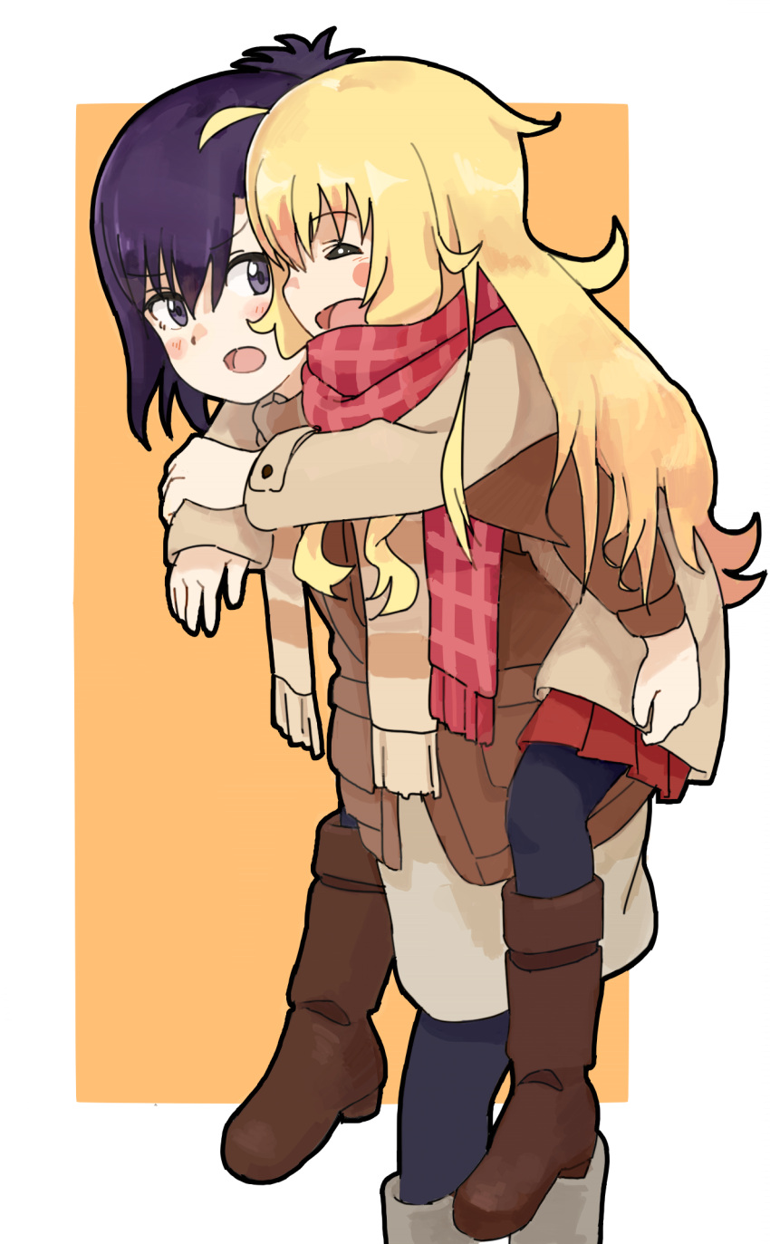 &gt;:o 2girls ^_^ ahoge arms_around_neck blonde_hair blush_stickers boots carrying closed_eyes coat fr33 gabriel_dropout highres jacket leggings messy_hair multiple_girls open_mouth pantyhose piggyback purple_hair scarf skirt smile tenma_gabriel_white topknot tsukinose_vignette_april violet_eyes
