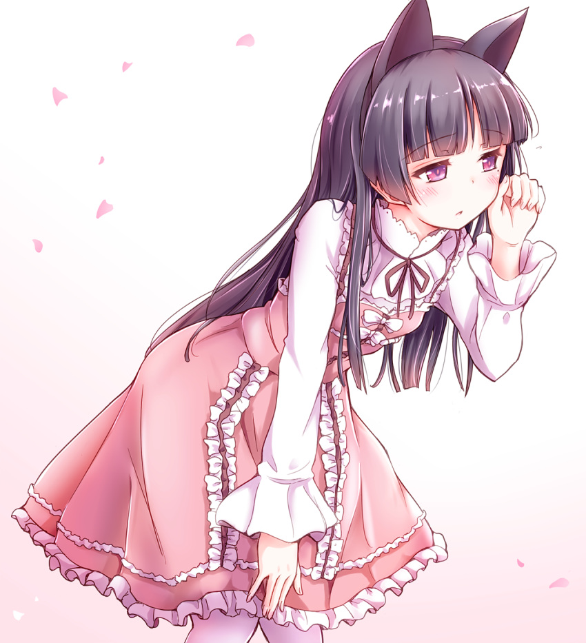 1girl animal_ears bangs black_hair blunt_bangs cat_ears dress frilled_dress frills gokou_ruri herunin highres leaning_forward long_hair long_sleeves mole mole_under_eye ore_no_imouto_ga_konna_ni_kawaii_wake_ga_nai pantyhose pink_dress shirt solo violet_eyes white_legwear white_shirt