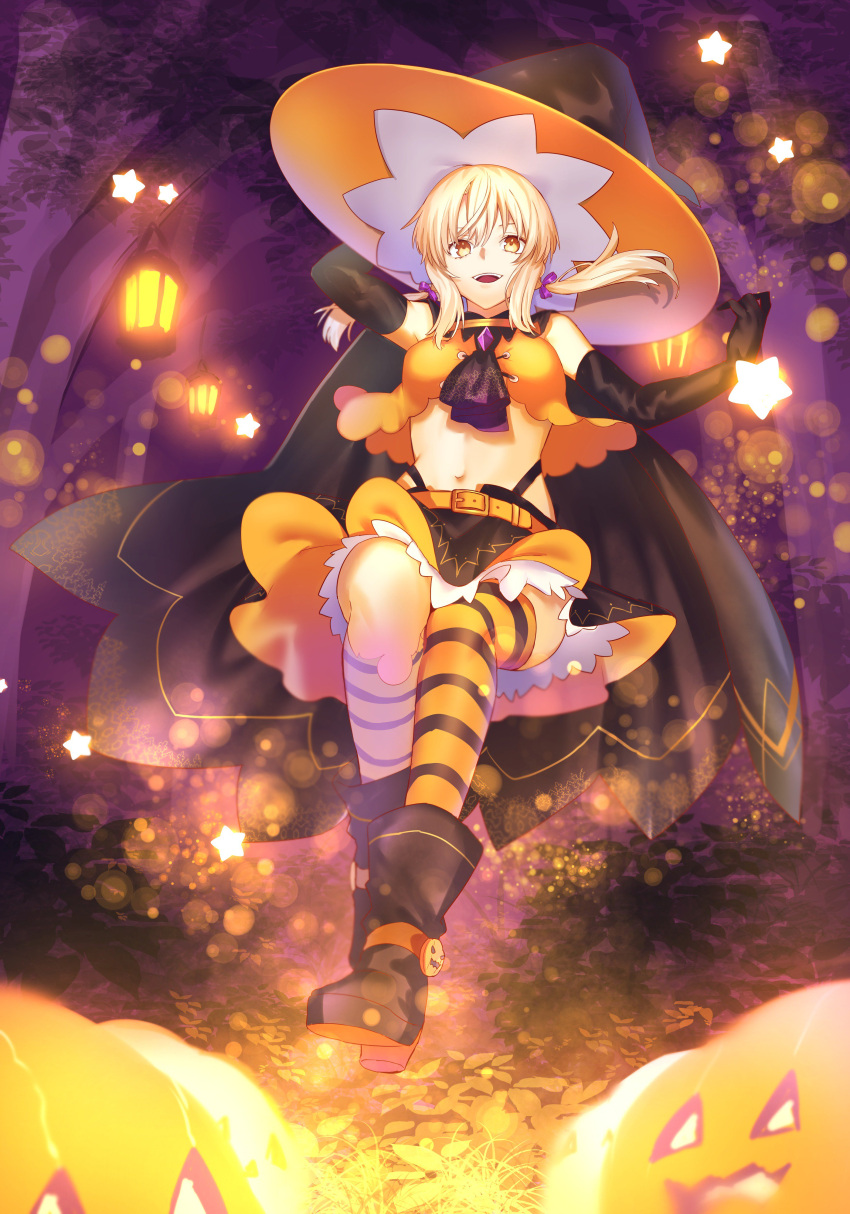 1girl absurdres artoria_pendragon_(all) black_panties blonde_hair boots crop_top fate/grand_order fate/stay_night fate_(series) halloween halloween_costume hat highleg highleg_panties highres lantern long_hair low_twintails panties pumpkin saber_alter seseragi_azuma smile solo striped striped_legwear thigh-highs torn_clothes torn_thighhighs twintails underwear witch witch_hat yellow_eyes