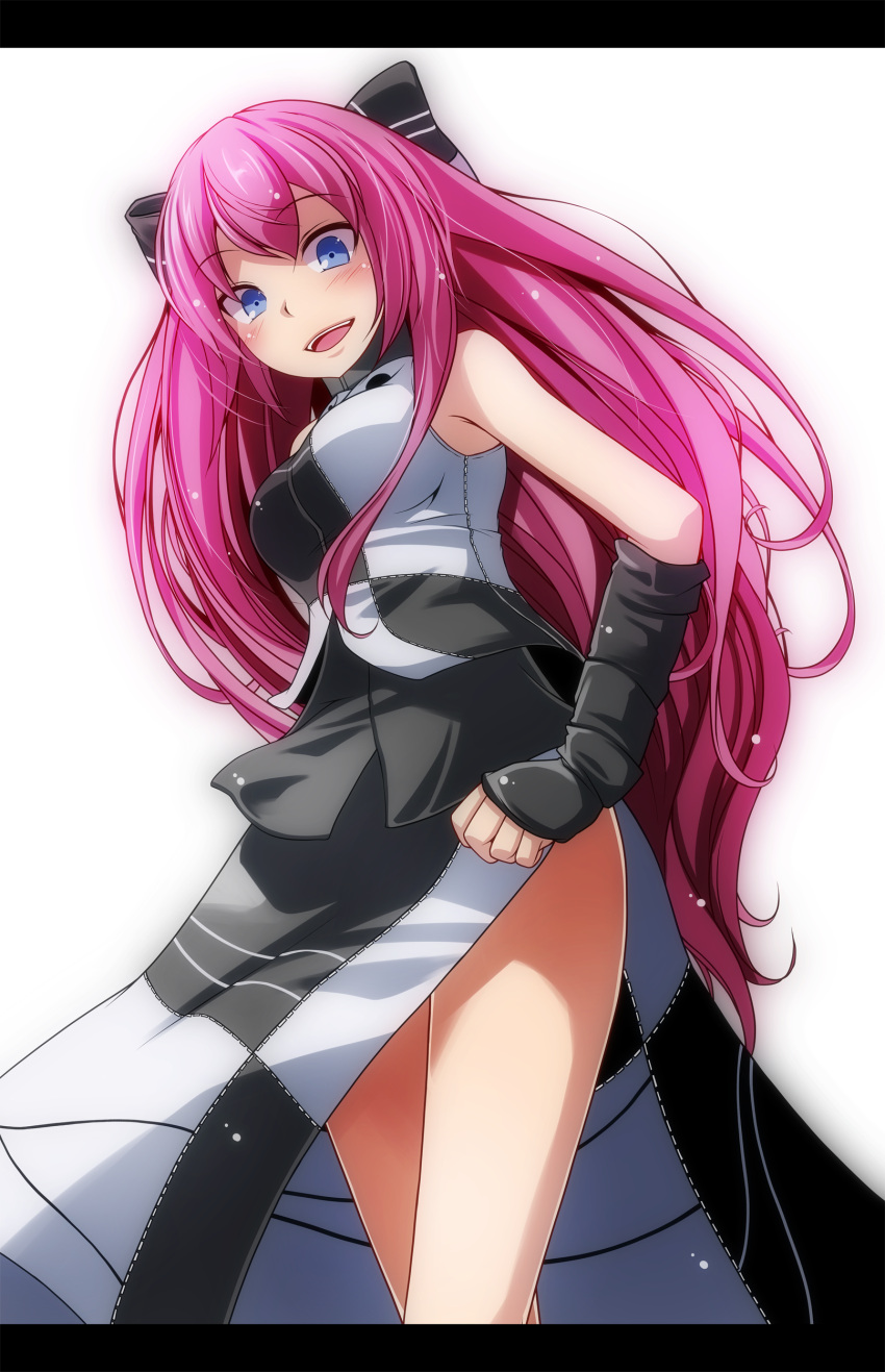 1girl absurdres blue_eyes bow breasts detached_sleeves dress hair_bow highres long_hair looking_at_viewer megurine_luka open_mouth pink_hair solo tsukishiro_saika vocaloid