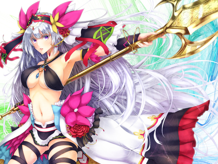 1girl bow breasts flower gem hair_bow hair_flower hair_ornament hair_ribbon hairband highres holding holding_spear holding_weapon ihara_natsume jewelry kurissa_(sennen_sensou_aigis) long_hair looking_at_viewer midirff navel necklace o-ring parted_lips polearm ribbon ribs sennen_sensou_aigis skirt solo spear standing very_long_hair violet_eyes weapon white_hair white_skirt