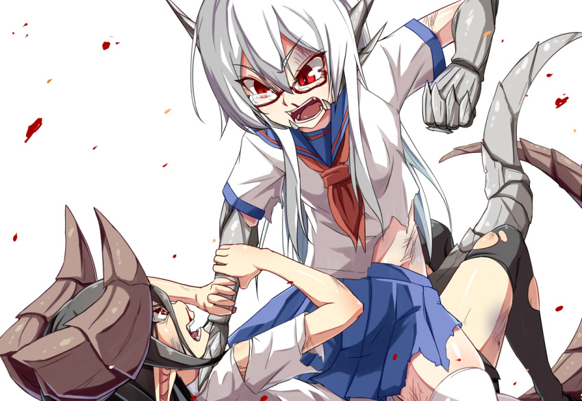 2girls arm_grab asphyxiation black_hair black_legwear blood blood_on_face bloody_nose blue_sailor_collar blue_skirt bruise choking dragon_girl dragon_horns dragon_tail dream_demon eye_contact eyebrows_visible_through_hair fangs fighting hair_between_eyes horned_girl_(dream_demon) horns injury long_hair looking_at_another lying monster_girl multiple_girls neckerchief on_back open_mouth original pleated_skirt pointy_ears punching red_eyes red_neckwear sailor_collar scales school_uniform serafuku shirt skindentation skirt slit_pupils straddling tail thigh-highs torn_clothes torn_shirt torn_skirt torn_sleeves torn_thighhighs v-shaped_eyebrows white_background white_hair white_legwear white_shirt