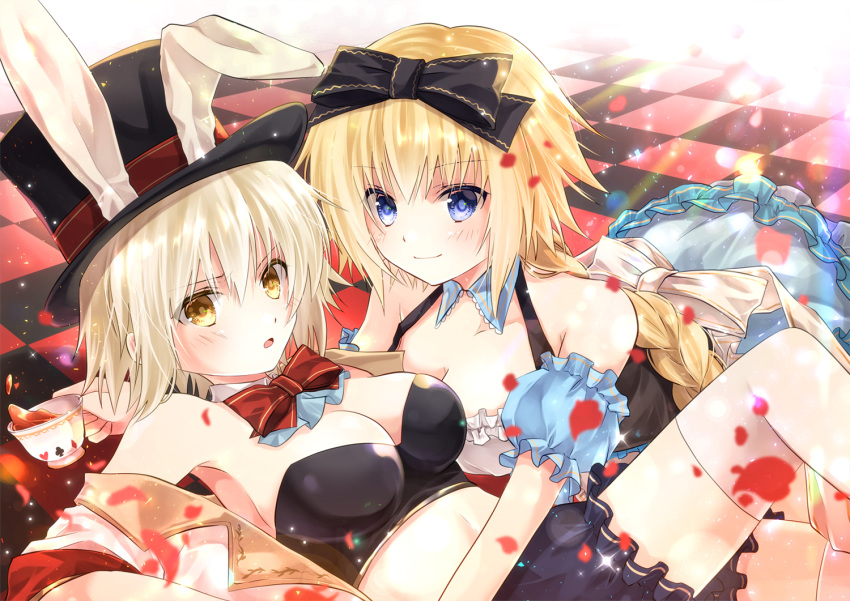 2girls alice_(wonderland) alice_(wonderland)_(cosplay) alice_in_wonderland alternate_costume animal_ears blonde_hair blue_eyes braid breasts checkered checkered_floor cleavage commentary_request cosplay cup dual_persona fake_animal_ears fate/apocrypha fate/grand_order fate_(series) hat holding iroha_(shiki) jeanne_alter long_hair looking_at_viewer lying multiple_girls navel on_stomach parted_lips petals rabbit_ears ruler_(fate/apocrypha) shorts silver_hair single_braid smile tea teacup thigh-highs top_hat white_rabbit white_rabbit_(cosplay) yellow_eyes zettai_ryouiki