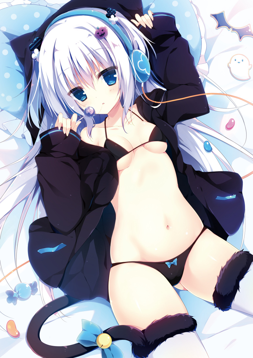 1girl absurdres animal_ears animal_hood bed_sheet bell black_bra black_panties black_sweater blue_bow blue_eyes blue_hairband bow bow_panties bra breasts candy cardigan cat_hood cat_tail collarbone commentary_request cowboy_shot dutch_angle eyebrows_visible_through_hair fake_animal_ears food frilled_pillow frills from_above fur_trim gluteal_fold hair_between_eyes hairband headphones highres holding hood hooded_sweater lollipop long_hair looking_at_viewer lowleg lying muku_(apupop) navel on_back open_cardigan open_clothes original panties parted_lips pillow saliva sideboob silver_hair small_breasts solo sweater tail tail_bell tail_bow thigh-highs underwear white_legwear