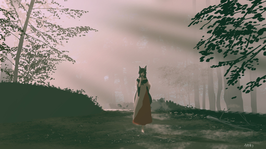 1girl animal_ears arm_behind_back barefoot brooch brown_hair closed_eyes day dress fog forest full_body grass highres imaizumi_kagerou irohasu_(sasagarasu) jewelry long_hair long_sleeves nature open_mouth outdoors scenery solo standing touhou tree very_long_hair walking wallpaper wide_sleeves wolf_ears yawning