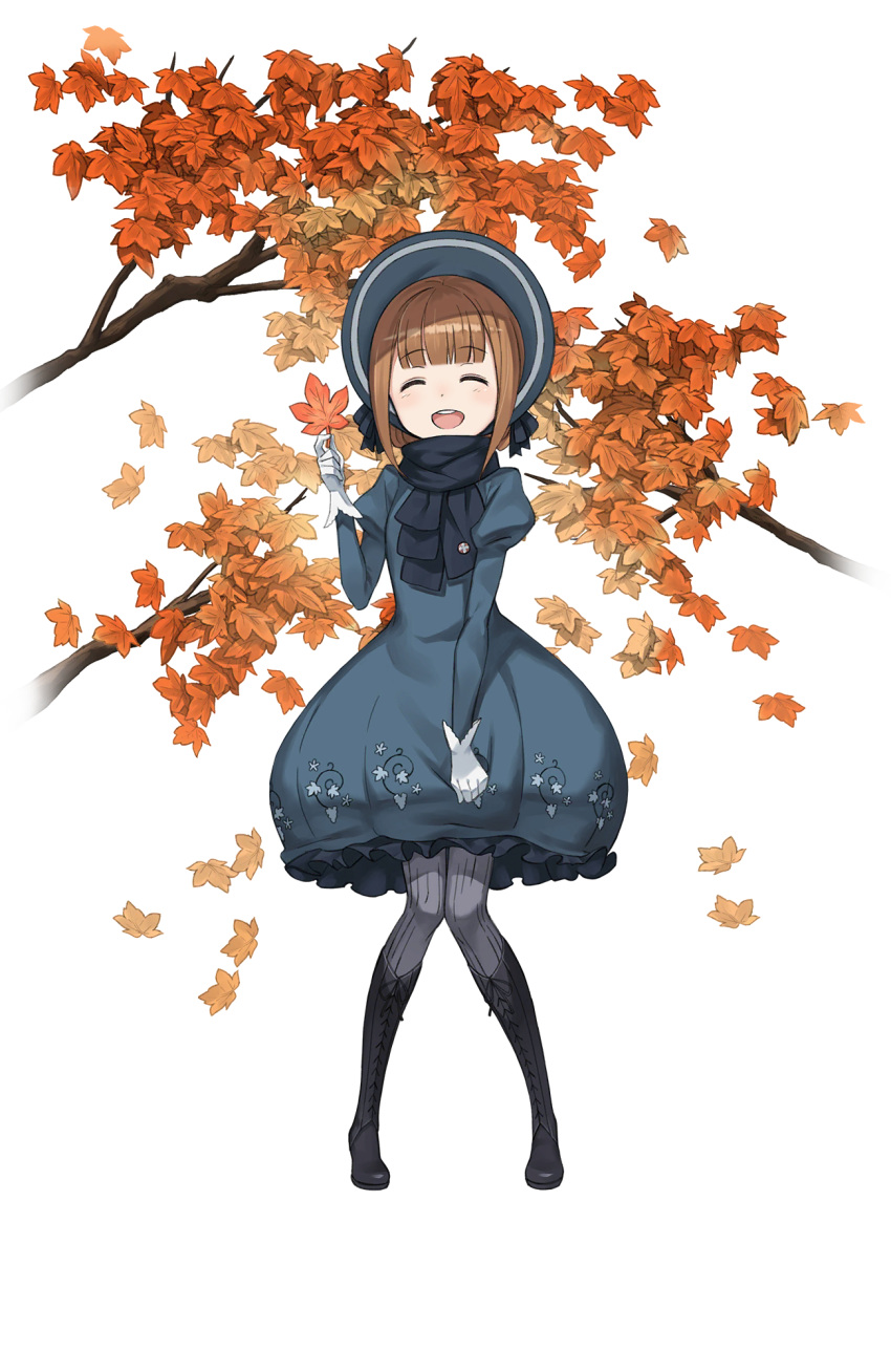 1girl :d autumn_leaves beatrice_(princess_principal) black_footwear black_scarf blue_dress bonnet brown_hair closed_eyes cross-laced_footwear dress facing_viewer full_body gloves grey_legwear highres holding holding_leaf leaf looking_at_viewer official_art open_mouth princess_principal princess_principal_game_of_mission scarf smile solo standing transparent_background white_gloves