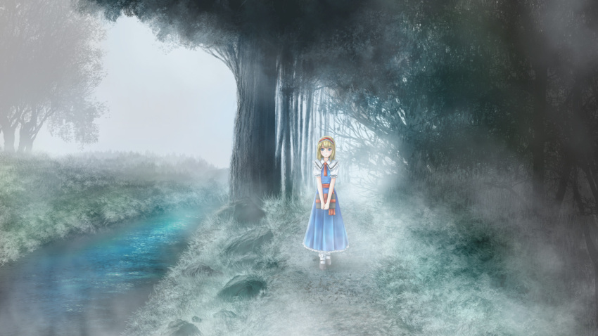 1girl aihashi_i alice_margatroid book capelet dress fog forest grimoire_of_alice highres nature scenery shoes stream touhou