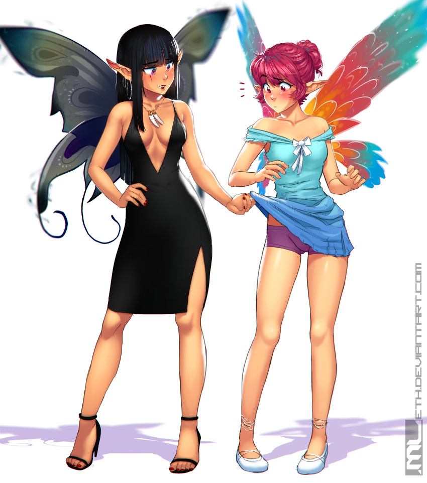 2girls absurdres anklet bare_shoulders black_dress black_hair blue_dress blush boyshorts breasts butterfly_wings collarbone commentary dress dress_pull earrings erylia_(mathias_leth) eyebrows_visible_through_hair fairy fairy_wings flats full_body hair_bun hand_on_hip high_heels highres hoop_earrings jewelry keraan_(mathias_leth) lipstick makeup mathias_leth medium_breasts multiple_girls off-shoulder_dress off_shoulder original pink_eyes pink_hair plunging_neckline pointy_ears scar scar_across_eye shorts_under_dress side_slit small_breasts toenail_polish tooth_necklace white_background wings